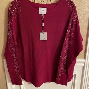Liv Milano Sour Cherry Lace Rhinestone Sweater L NWT Stunning
